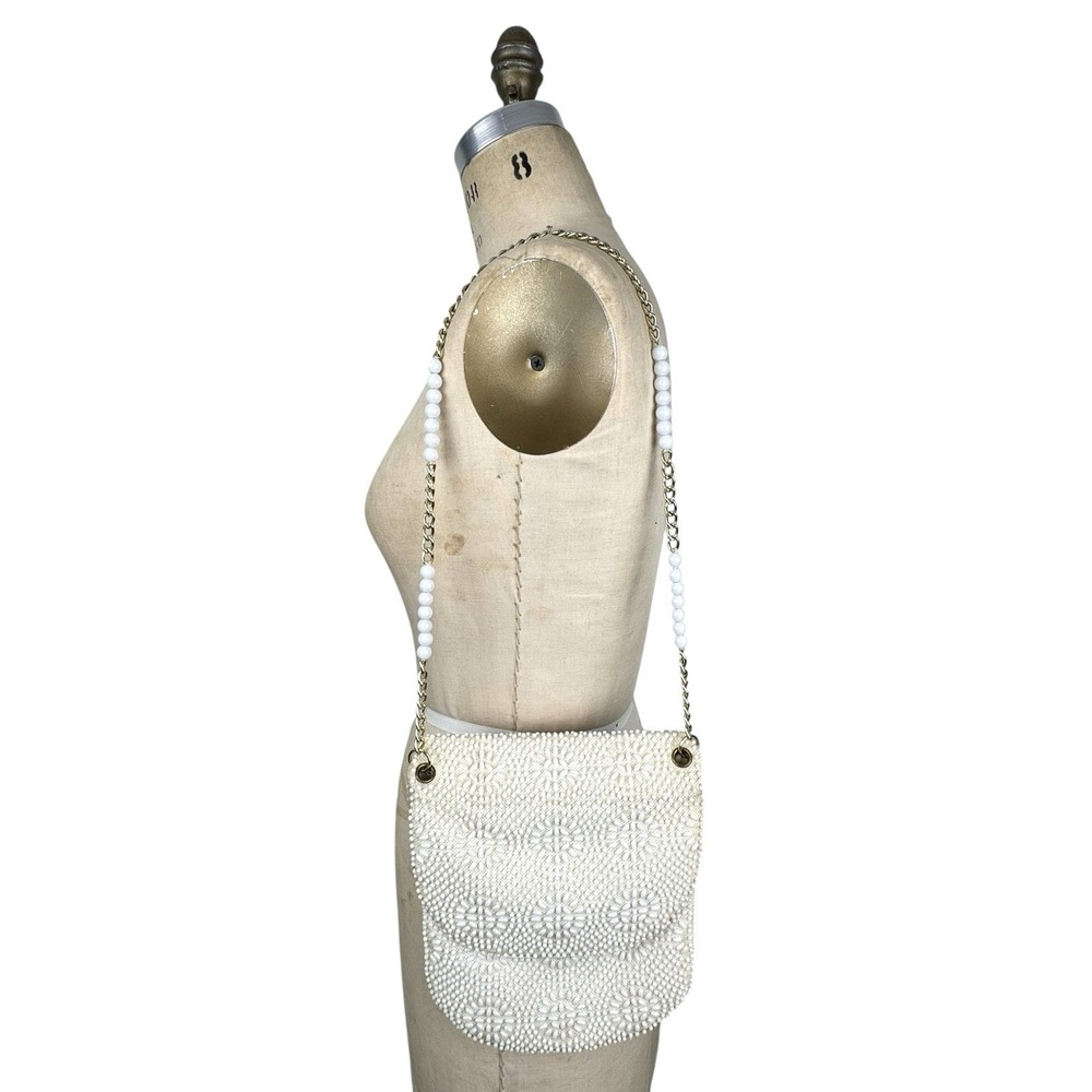 VTG Beaded Purse Ivory Gold Shoulder Chain Evening Retro Elegant Formal 50s 60s - Picture 2 of 16